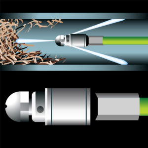 hydrojetting tool uses high pressure water jet to clear debris from clogged drain illustration